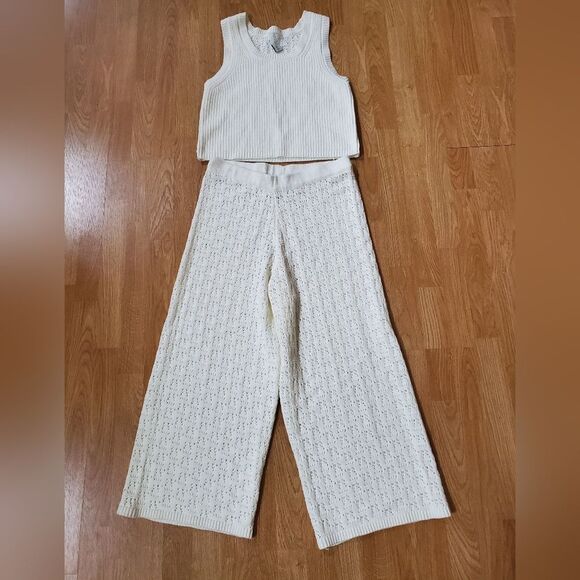 🌻 JOIE 🌻 NEW - 2 Piece Open-Knit Tank & Wide Leg Pants Set - [Large, Ivory]